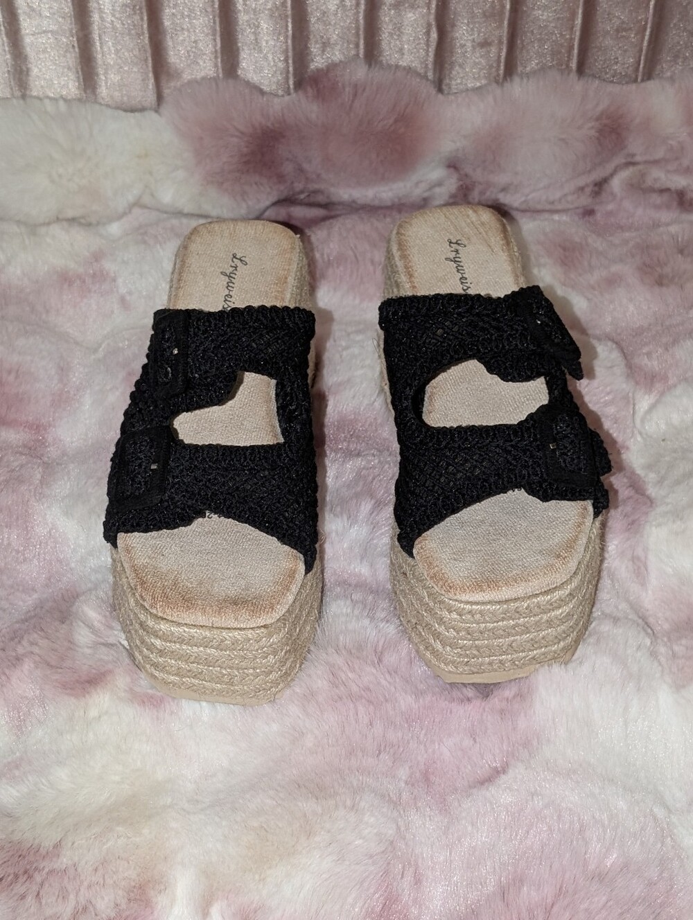 Black Crochet Double Buckle Espadrille Platform Wedge Sandals Size 6 NWO